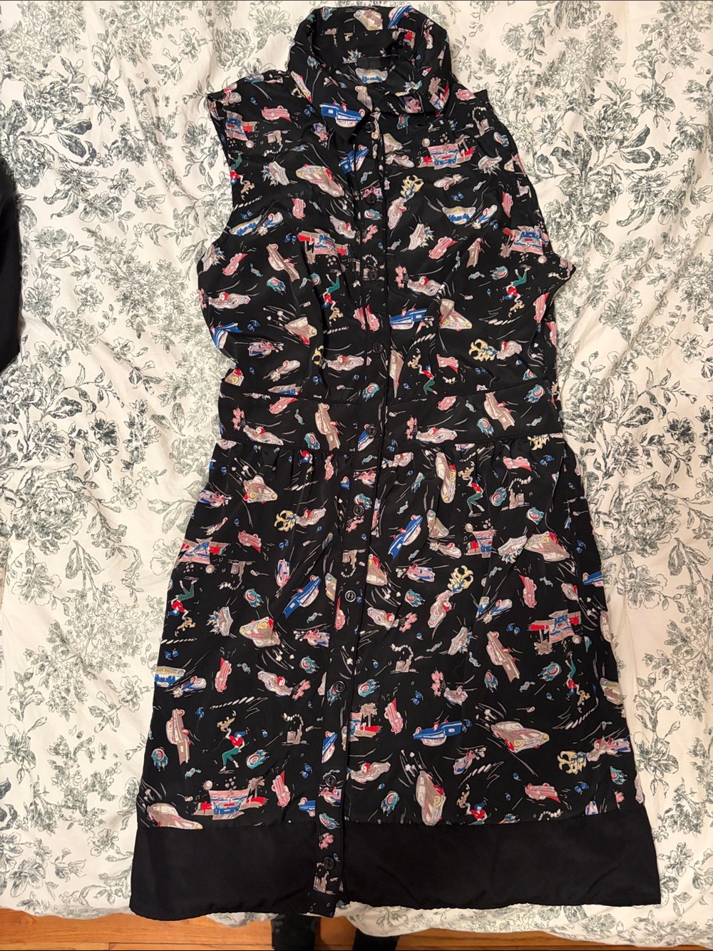 Vintage Black Sleeveless Mini Dress with Multicolor Print